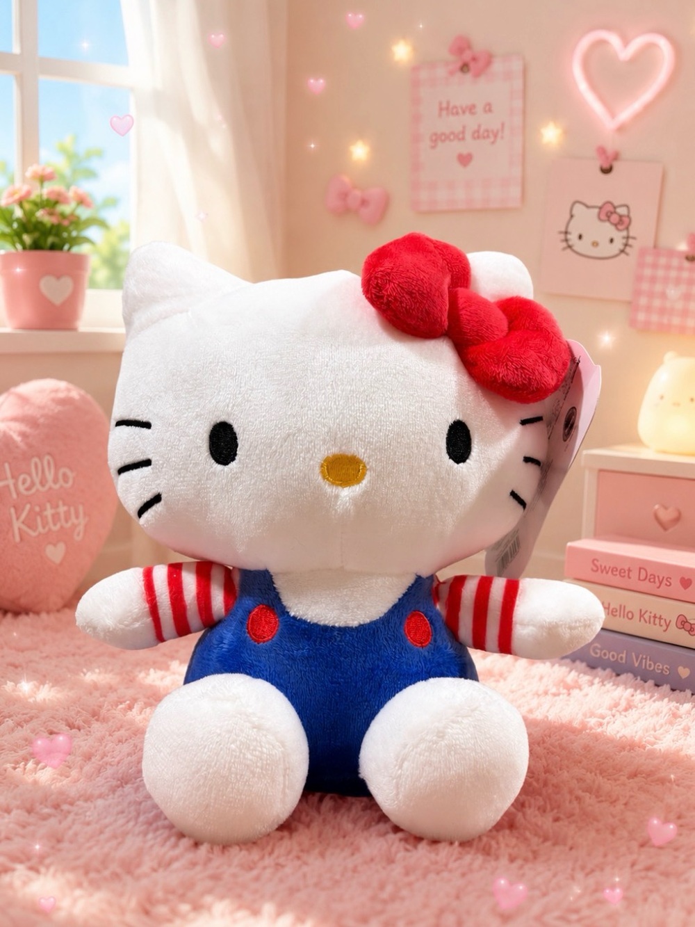❤️Sanrio Hello Kitty White Plush with Red Bow and Blue Overalls❤️